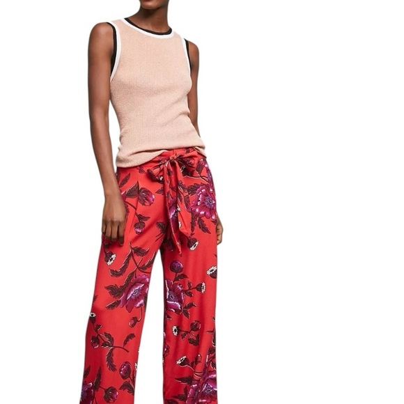 Anthropologie Margo Wide-Leg Red Floral Trousers paper bag waist Holiday Floral - Picture 2 of 6